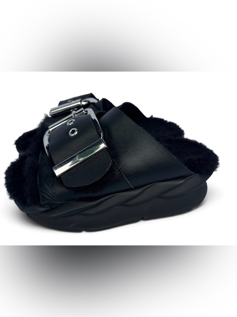 4ccccees Black Mellow Laze Buckle Clog Mule with Faux Fur Lining- 37